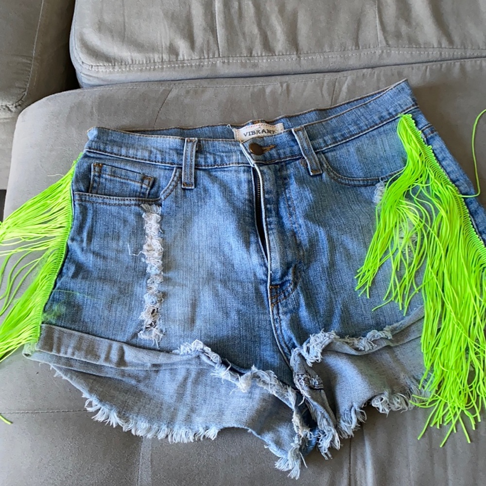 Custom denim neon fringe distressed shorts
